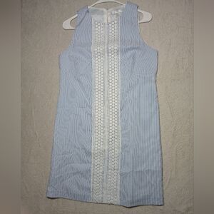 London Times Blue & White Striped Sleeveless Shift Dress with Lace Panel Size 8